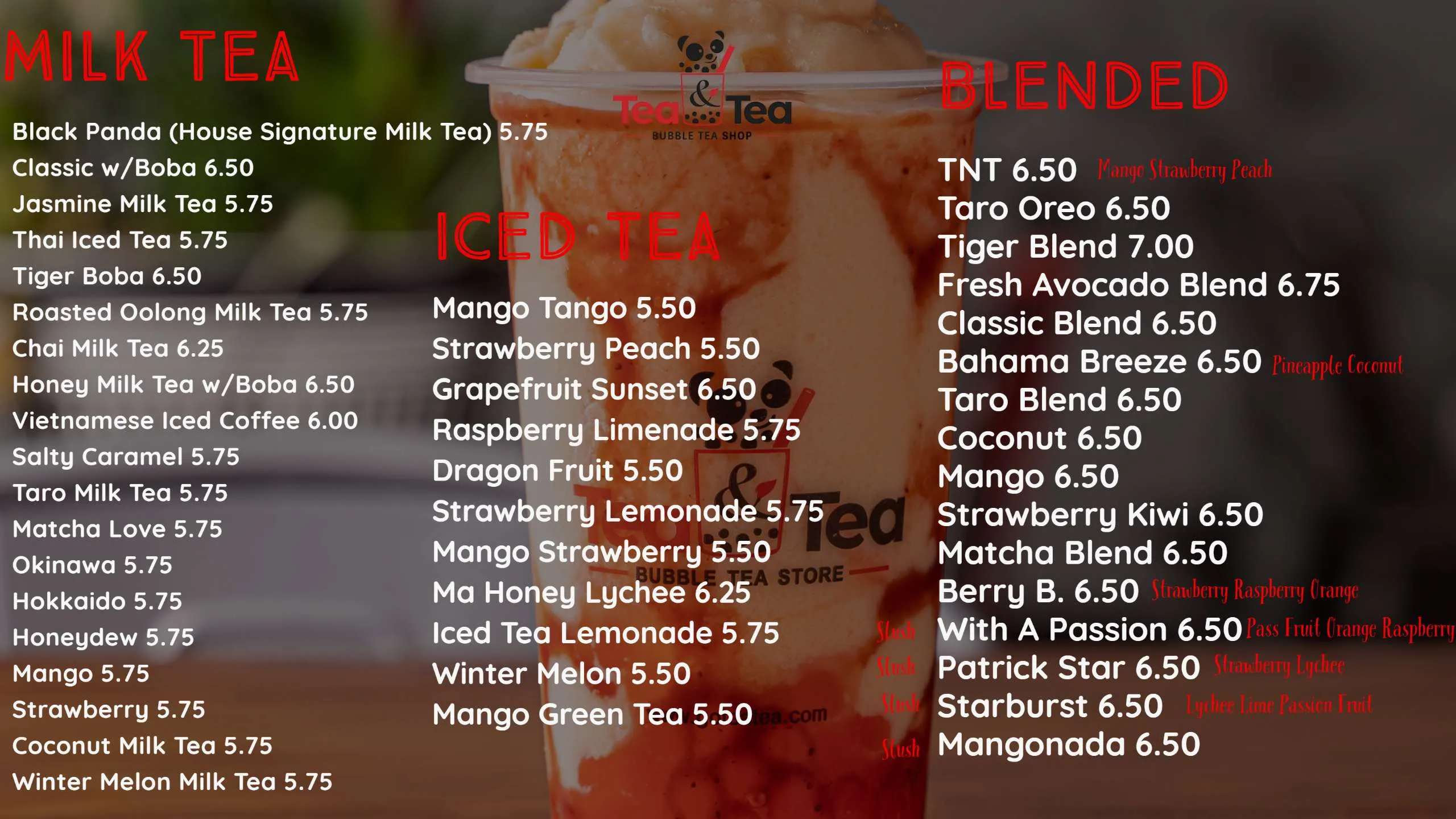 Menu Tea Tea Bubble Tea Shop